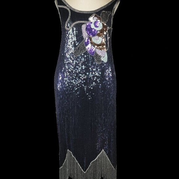 Vintage Gatsby Fringed Roaring 20s Sequin Dress | BLACK | Lillie Rubin | L | EVC - Picture 13 of 13